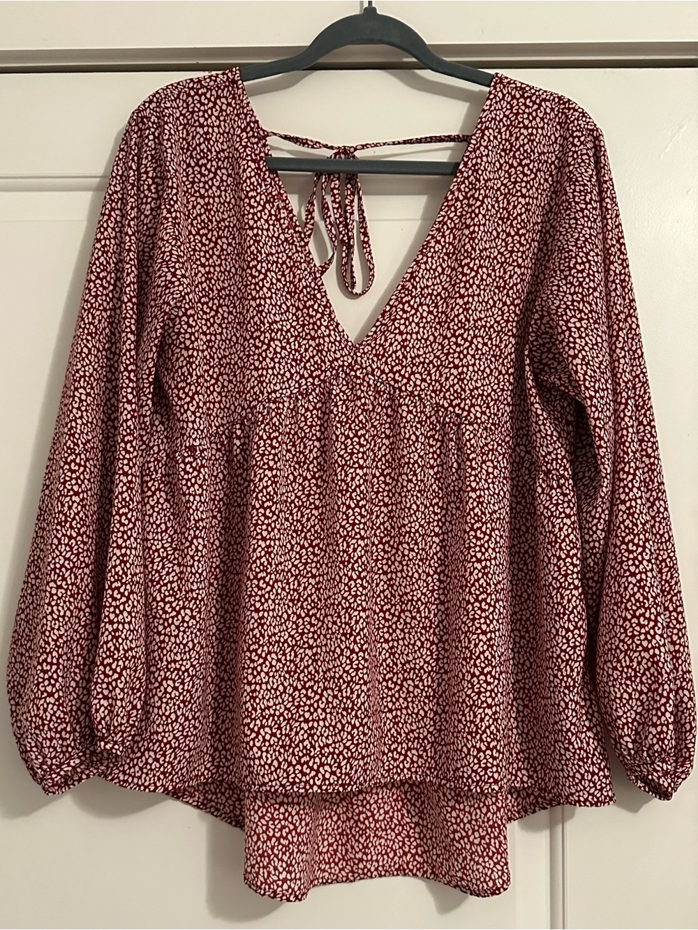 Umgee Red/Maroon Cream Leopard Print Babydoll Blouse Cutout Tie Back